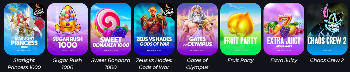 Jeux populaires de Spinsala Casino : Starlight Princess 1000, Sugar Rush 1000, Sweet Bonanza 1000, Zeus vs Hades, Gates of Olympus, Fruit Party, Extra Juicy et Chaos Crew 2